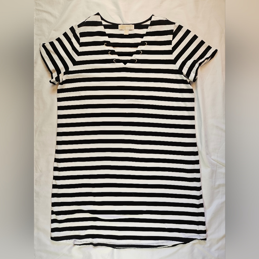 Michael By Michael Kors Black & White Striped Short Sleeve Dress Size 1X